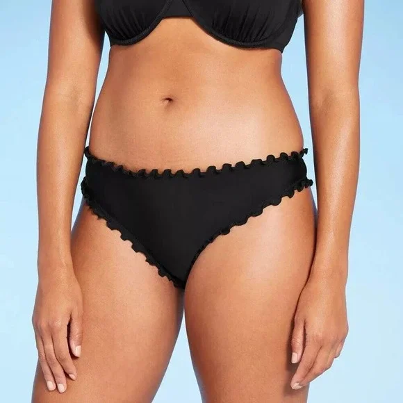 NEW Shade and Shore Ruffle Cheeky Bikini Bottom Size Large 12 - 14 Black - Picture 2 of 9